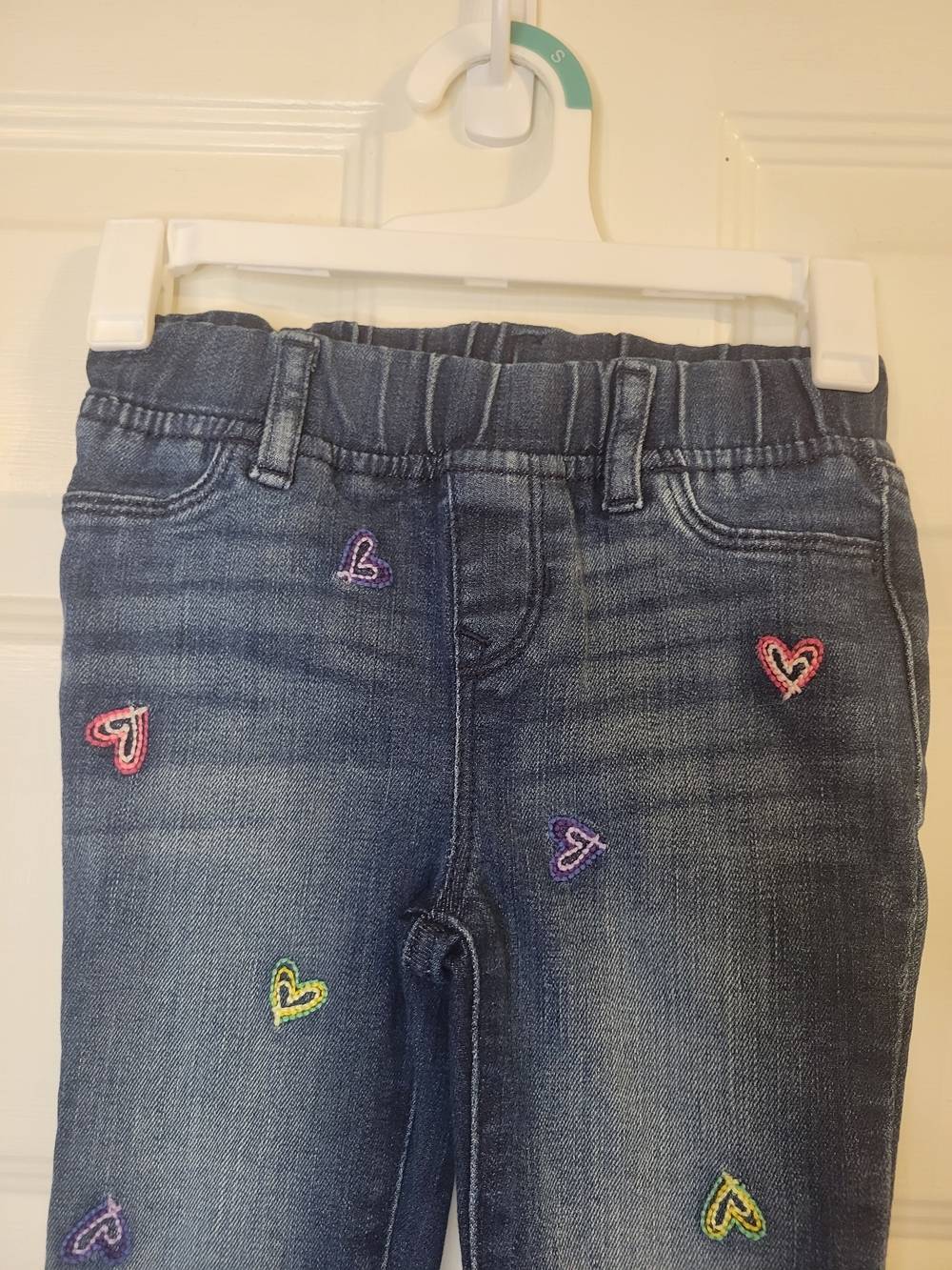 GAP Girls Dark Wash Denim Jeans with Colorful Heart Embroidery - Picture 5 of 9